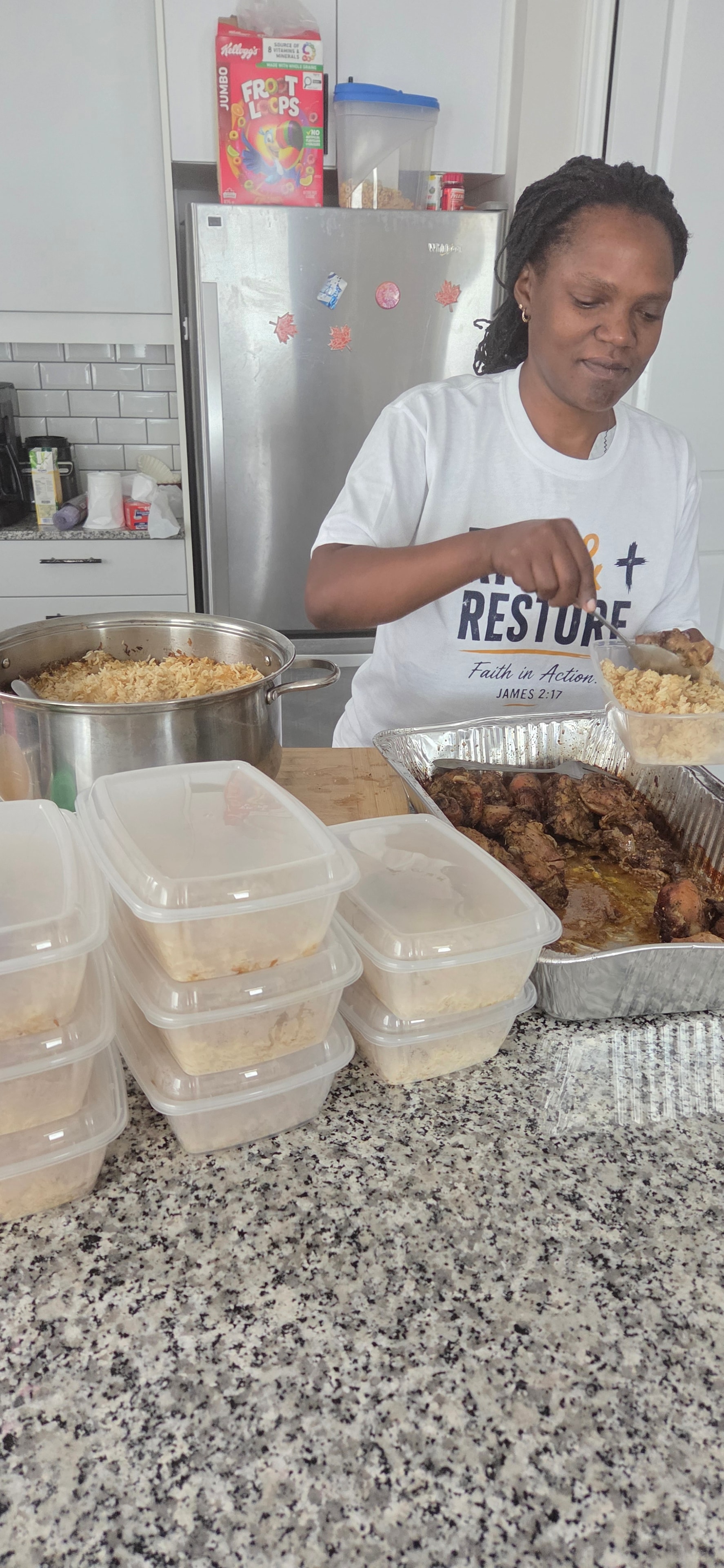 Volunteers preparing and distributing food at a community program